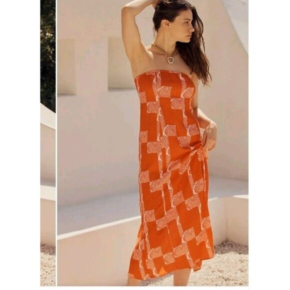NWT Size Medium By Anthropologie The Aliza Strapless Linen Midi Dress Tropical - Picture 7 of 8